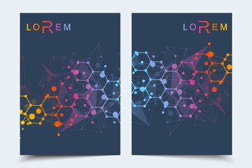 Naklejka premium Vector templates for brochure magazine leaflet flyer cover booklet annual report. Modern futuristic hexagonal pattern with particle, molecule structure for medical, technology, chemistry, science.