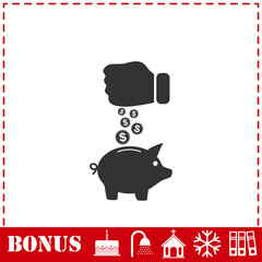 Piggy bank and hand with coin icon flat