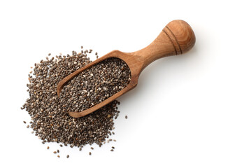 Top view of chia seeds in wooden scoop
