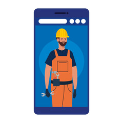 builder man with helmet in smartphone design, Workers occupation and jobs theme Vector illustration