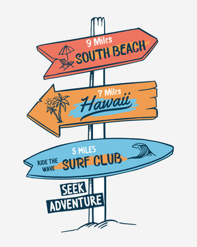 Signboard on a beach concept. For t-shirt and other uses