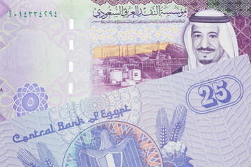 A close up image of a purple, twenty five Egyptian piastres note close up in macro with a colorful, five Saudi riyal bank note