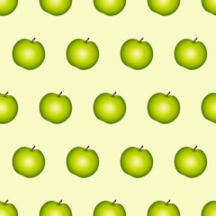 Beautiful Seamless Pattern With Many Whole Apples Light Green Background. Abstract Calm Colors. Modern Design For Background. Cute Green Sweet Tasty Apples. Cartoon Flat Style. Vector Illustration