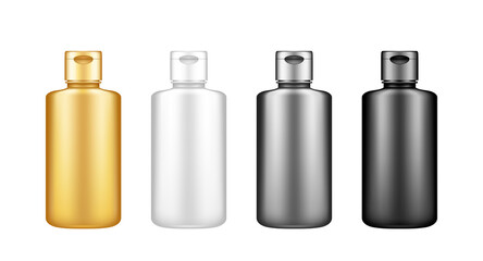 Liquid detergent, bleach bottle mockup set. Plastic package design. Blank white, silver, gold, black product container template: sanitizer, shampoo, laundry, stain remover. 3d vector illustration