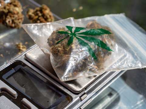 Waage mit einer T&uuml;te Gras Cannabis