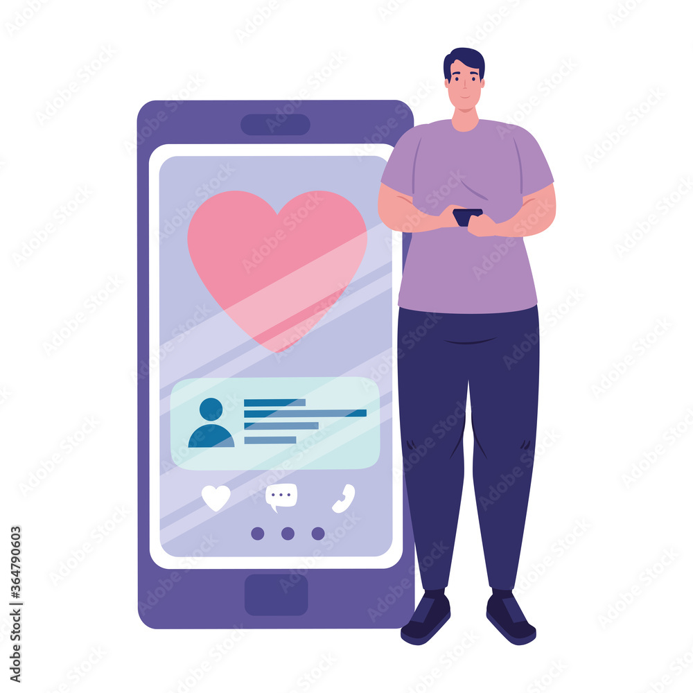 Poster man and smartphone with heart and chatting bubble design, message chat and communication theme vecto