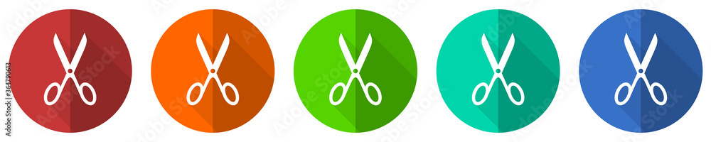 Poster scissors icon set, red, blue, green and orange flat design web buttons isolated on white background,