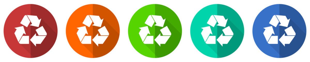 Obraz premium Recycle icon set, red, blue, green and orange flat design web buttons isolated on white background, vector illustration