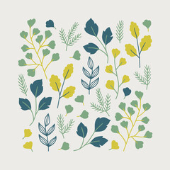 Floral greeting card with fir branches and different leaves