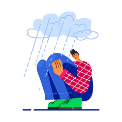 Image of a sad young guy sitting and unhappily hugging his knees and crying. The man is depressed. Vector stock illustration. Flat design. Isolated on a white background.