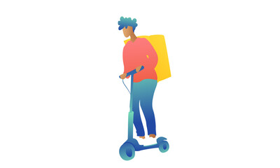 Young curly guy rides a electric scooter with delivery on a white background. A man carries an order, the concept of fast delivery. 