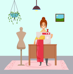 Woman sewing cloth or dress at sewing machine at home. Sewer working at distance work at home. Empty manequin, hanging pot with plant, lamp. Quarantine isolation at home. Leisure activities and hobby