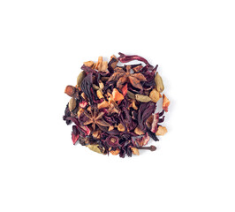 Obraz premium Top view of fruit and herbal tea with dried leaves, citron peels, ginger, etc.