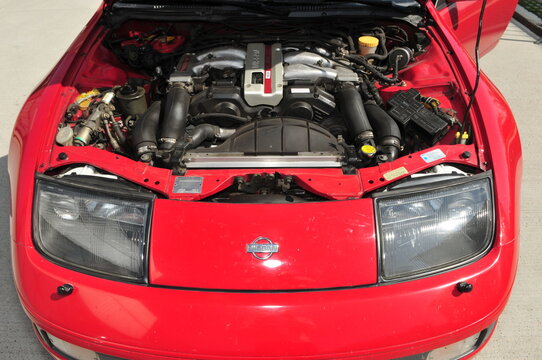 Nissan 300 ZX, Japanese Sportscar With Open Hood, Engine