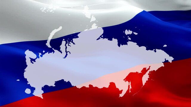 Russian Federation flag Map waving in wind video footage Full HD. Realistic Russian Map Flag background. Russia Flag Looping Closeup 1080p Full HD 1920X1080 footage. Russia Kremlin country flags Full 