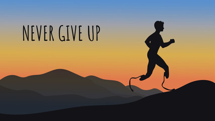 Fototapeta na wymiar Silhouette of a running man with prostheses against the backdrop of a beautiful sunrise. Disabled person can move thanks to a modern prosthesis. Life after injury. Never give up. Vector illustration