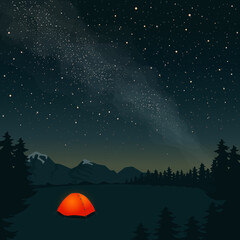 An orange tent with a burning light inside stands in a clearing under a starry sky. Beautiful starry night sky and the Milky Way. Concept for outdoor tourism in mountain. Cartoon vector illustration