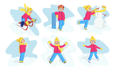 Naklejka premium Happy child sledding, snowboarding, skating, making a snowman, snow angel, standing with an icicle. Set bright colorful winter fun for kids. Happy childhood, children's joy.Cartoon vector illustration