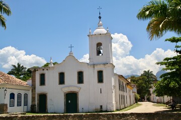 Old Catholic church chapel in colonial style in the city of Paraty, Brazil