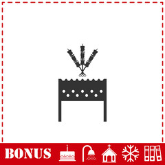 Barbecue grill with shashlik icon flat