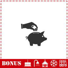 Hand pick down coin into pig money box icon flat