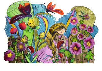 Ukrainian girl in the garden with fence and two baterflies. Watercolor illustration