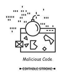 Obraz premium Malicious code icon. Web page and bomb linear pictogram. Concept of website code exploit, safe internet browsing and web site code injection hacker attack. Editable stroke vector illustration