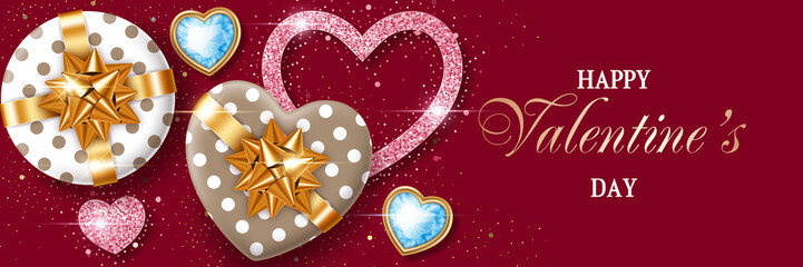 Valentines Day background with heart-shaped gift boxes and stylized hearts made of golden confetti. Greeting card, party invitation or sale banner template