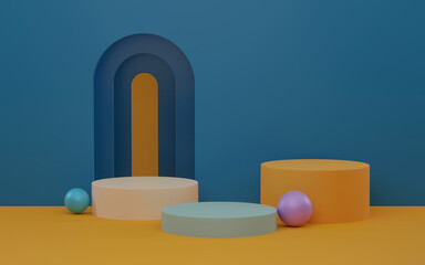 Abstract cylinder shape product display on blue background. 3d rendering.