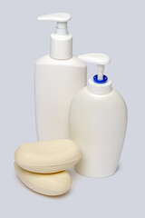 piece of soap and bottle of liquid soap over light grey backgound with clipping path