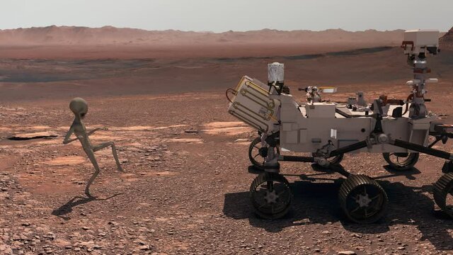 Martian, alien, sneaks behind Mars rover Perseverance or Curiosity. First contact. Alien on Mars. Exploring mission to mars. 3d rendering. Elements of this video furnished by NASA.