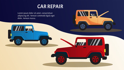 Broken car, Emergency stop, Car repair, Jeep concept. Vector illustration. 