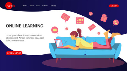 Web page design template for distance education, training, language courses. Girl with laptop lying on the sofa and learning. Vector illustration. 