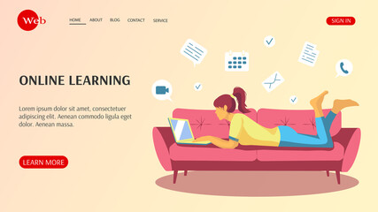 Web page design template for distance education, training, language courses. Girl with laptop lying on the sofa and learning. Vector illustration. 