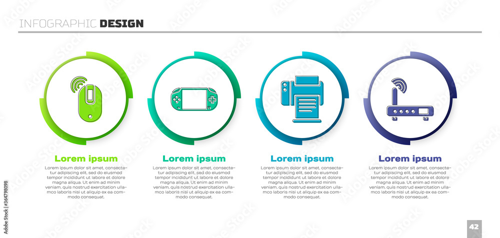 Poster set wireless computer mouse, portable video game console, printer and router and wi-fi signal. busin