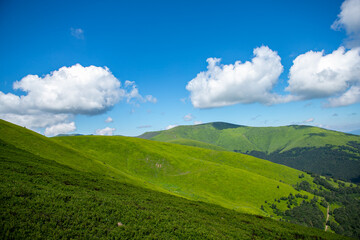 Fototapeta na wymiar Hills in Carpathian mountains. Beautiful dramatic white clouds over green mountains. Carpathians in summer day. 