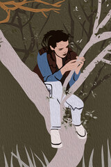 Młoda dziewczyna dziecko siedzące na drzewie pośród gałęzi w zamyśleniu - obrazy, fototapety, plakaty