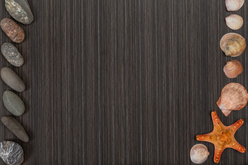 Seashell, starfish, sea smooth stones on dark wooden surface. Copy space. Space for text. Striped black background.