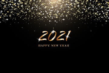 Vector illustration of golden 2021 logo numbers, stars, and firework on a black background.