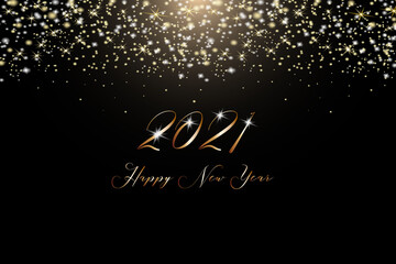 Vector illustration of golden 2021 logo numbers, stars, and firework on a black background.