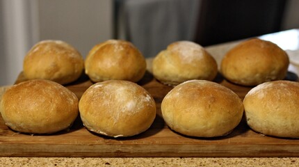Fresh homemade buns on the kitchen table.