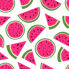 Watermelon vector seamless pattern. Fresh fruit slices. Flat design.  Ideal for wrapping paper, textile, wallpaper.  Vector illustration isolated on white background.