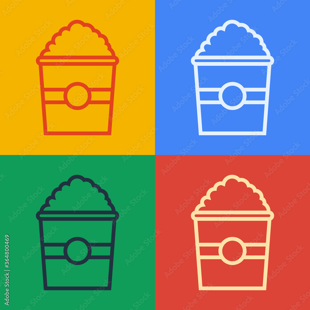 Poster pop art line popcorn in cardboard box icon isolated on color background. popcorn bucket box. vector 