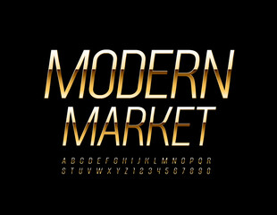 Vetor chic emblem Modern Market with Gold Elegant Font. Luxury Slim Alphabet Letters and Numbers