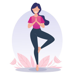 Fototapeta na wymiar A young and happy girl practices yoga and meditates. Vrikshasana, tree pose. Physical and spiritual practice. Vector illustration in flat cartoon style.