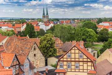 Fototapeta na wymiar Cityscape with old houses of historic city Quedlinburg, Germany
