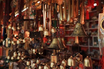 Close up shot of the handmade souvenirs items, are being sold in the handicraft shop in the Uttarakhand, India with selective focus. Brass made items for sale.