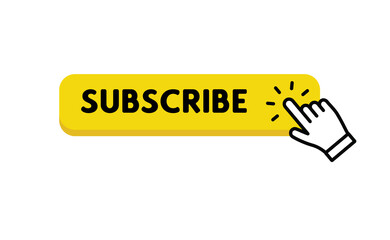 Subscribe button with hand click icon. Finger pointer clicking web site call to action. Clic vector.