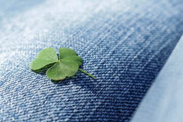 A clover leaf as a symbol of good luck lies on denim