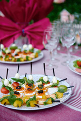 Buffet table with snacks, canape and appetizers at luxury wedding reception outdoors, copy space. Serving food at event. Catering banquet table